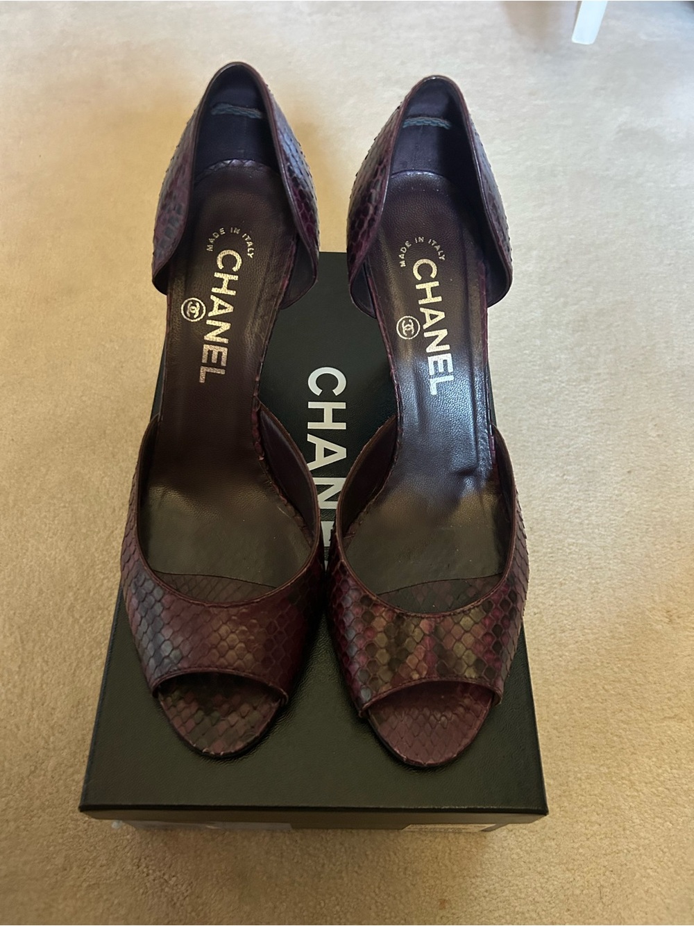 CHANEL Burgundy/Purple Snakeskin Open-Toe Heels